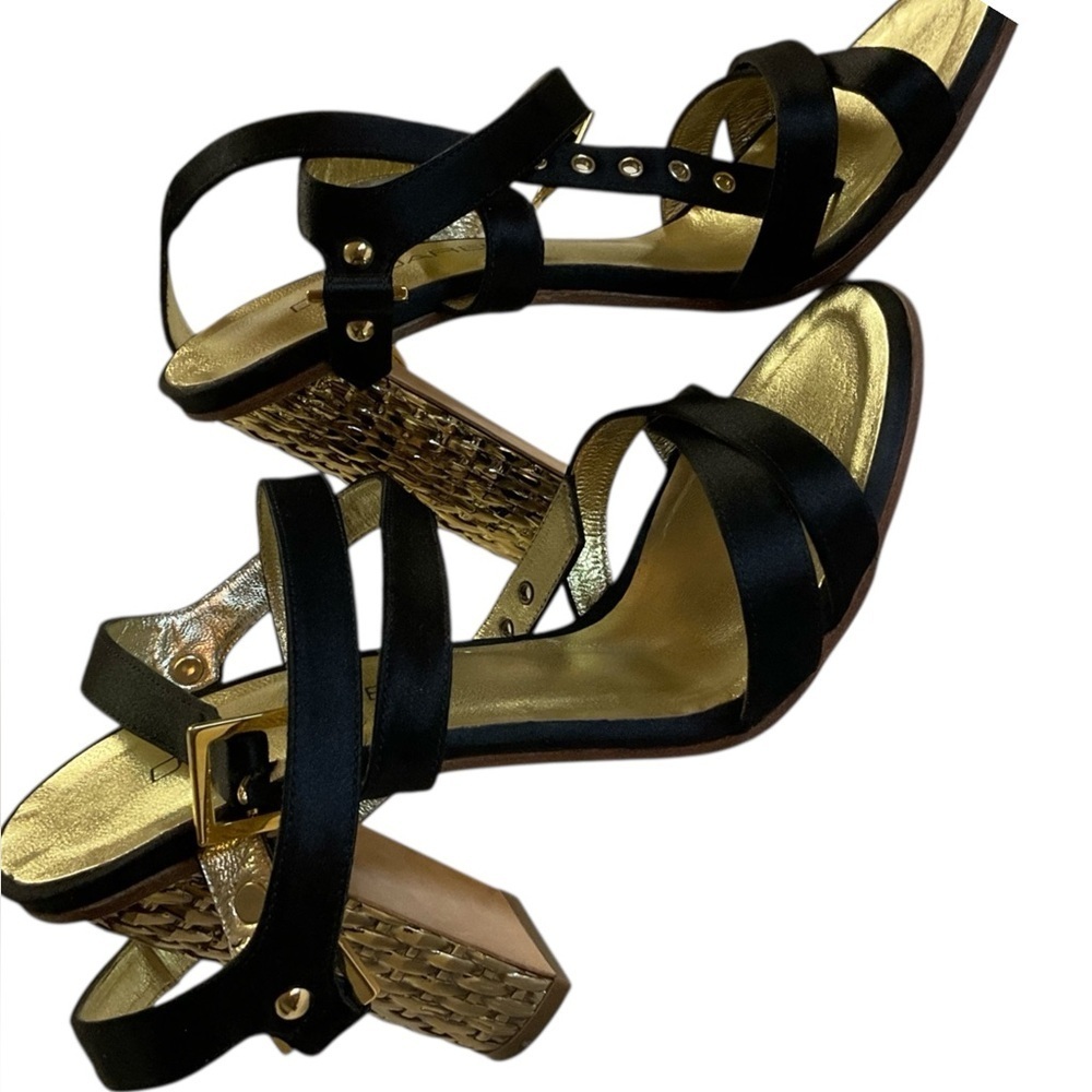 DSQUARED2 Black Leather Strappy Heels Gold Block Heel Made in Italy 36
